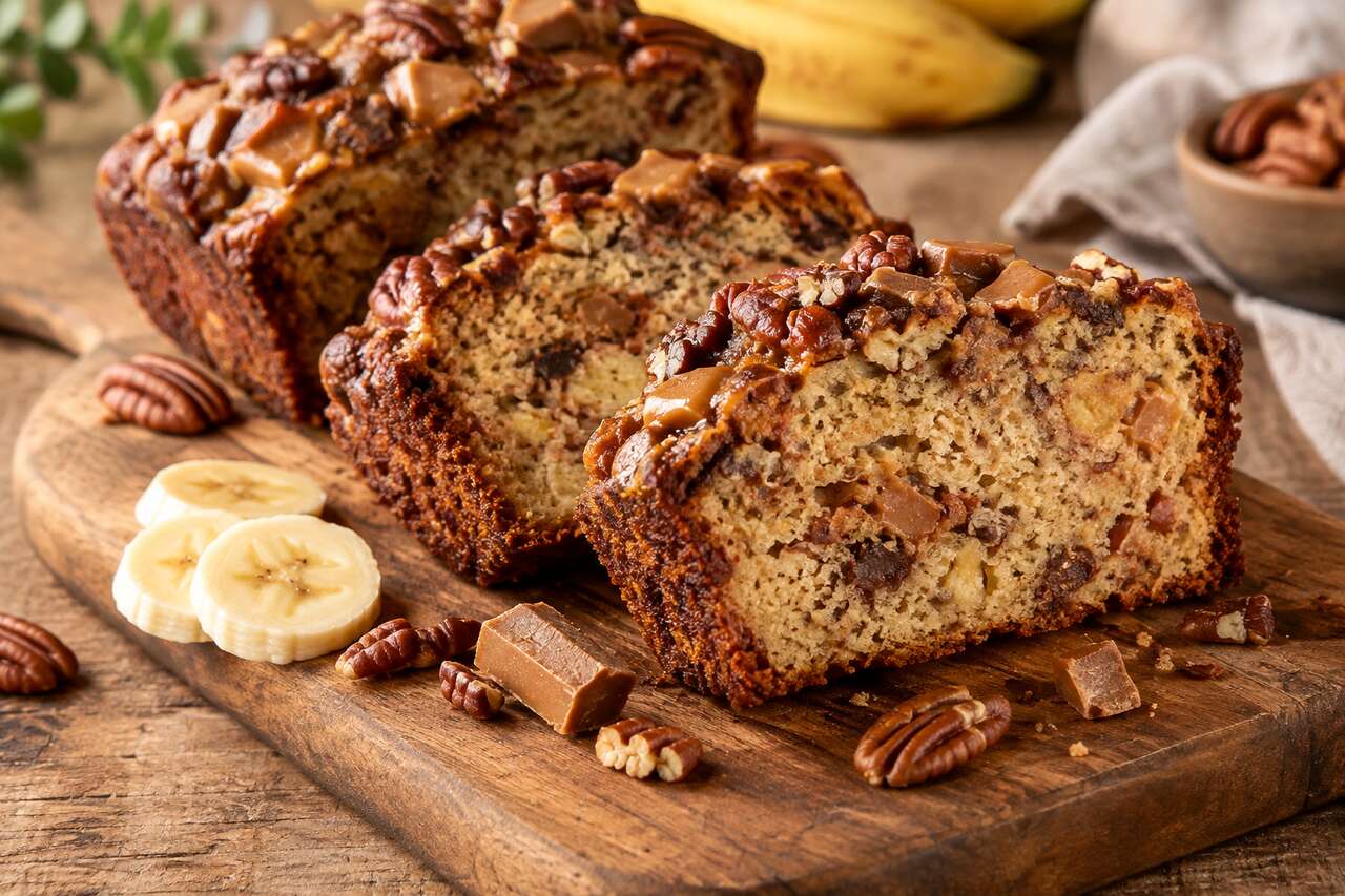 Recette du cake banane, dulcey et noix de pécan