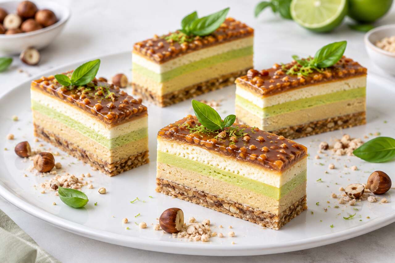 Recette d'entremets noisette, citron vert et basilic