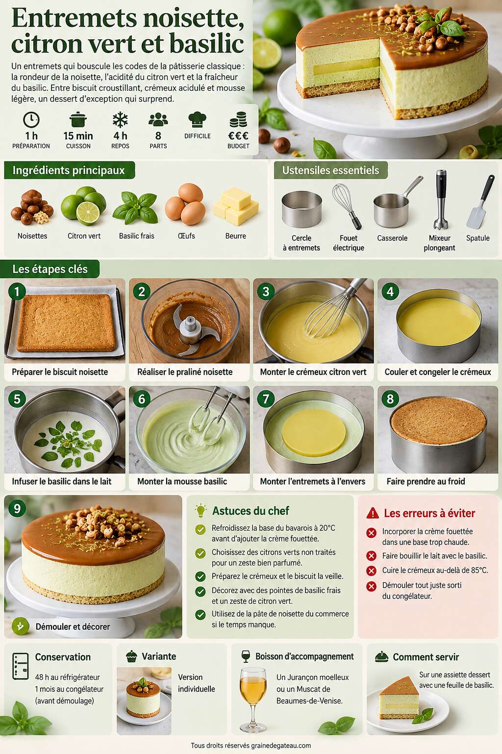 Fiche recette Recette d'entremets noisette, citron vert et basilic