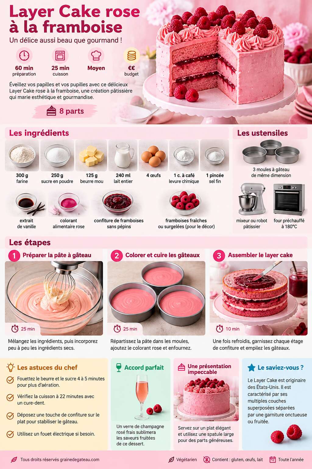 Fiche recette Recette facile de Layer Cake rose &agrave; la framboise : d&eacute;lice et esth&eacute;tique