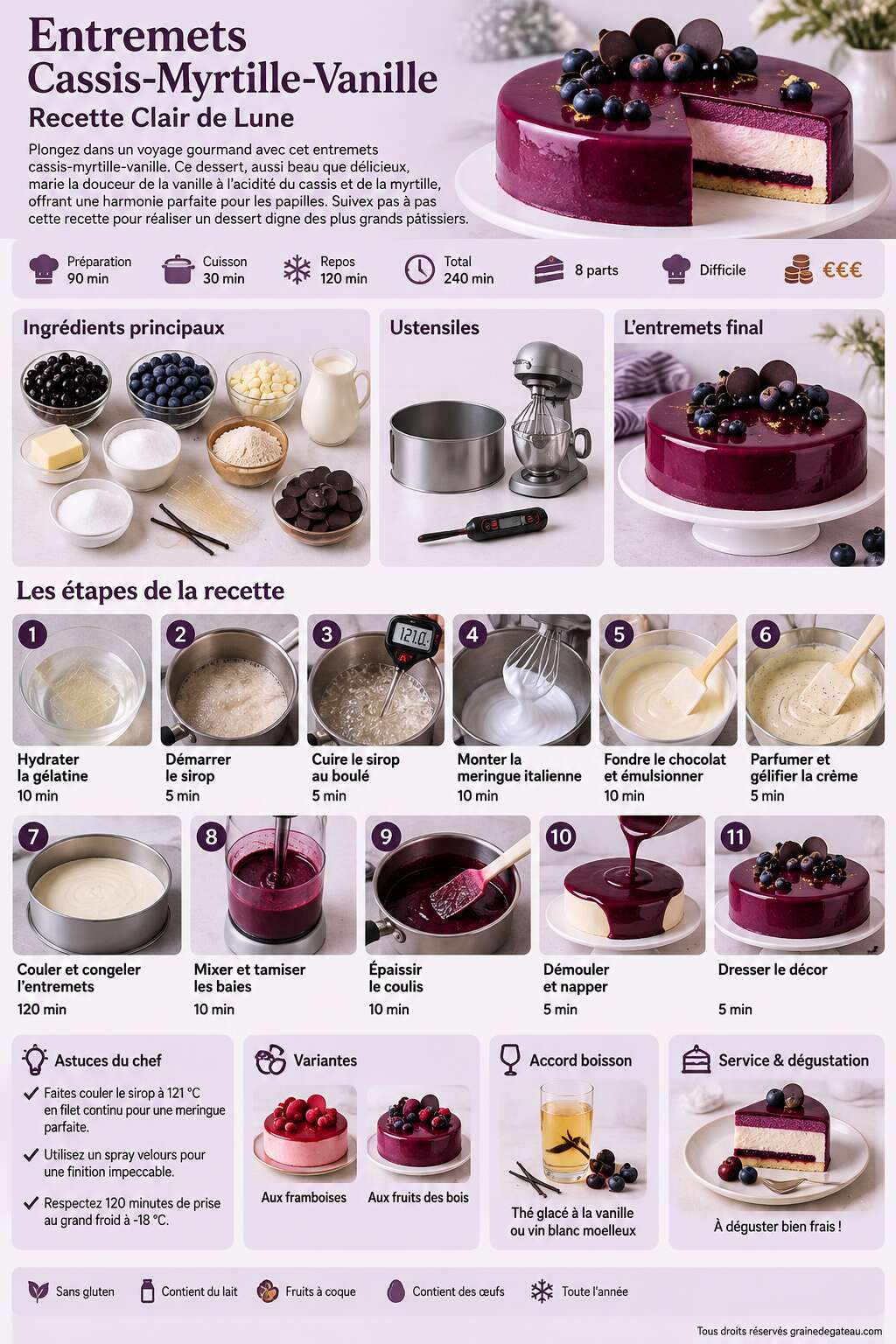 Fiche recette Entremets Cassis-Myrtille-Vanille : recette Clair de Lune Fiche recette Entremets Cassis-Myrtille-Vanille : recette Clair de Lune