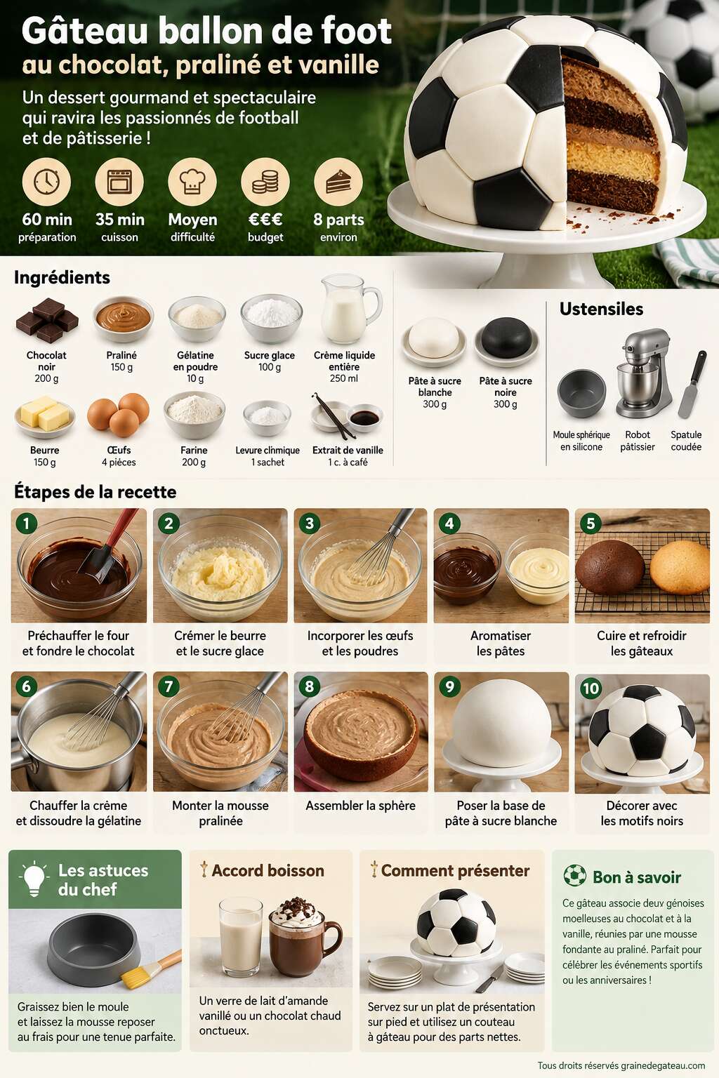 Fiche recette Gâteau ballon de foot au chocolat, praliné et vanille : recette savoureuse Fiche recette Gâteau ballon de foot au chocolat, praliné et vanille : recette savoureuse