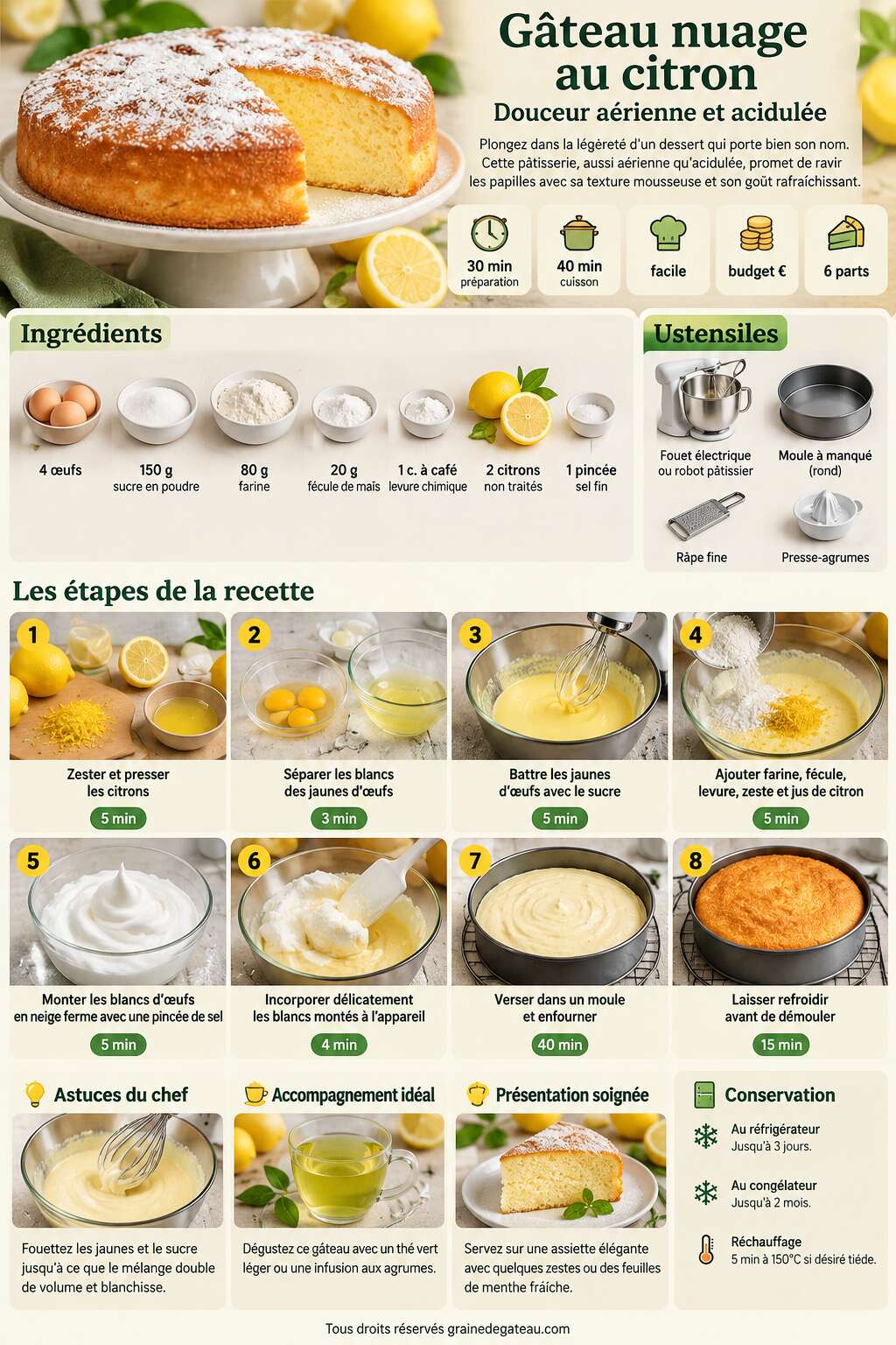 Fiche recette Recette facile de gâteau nuage au citron : douceur aérienne et acidulée Fiche recette Recette facile de gâteau nuage au citron : douceur aérienne et acidulée