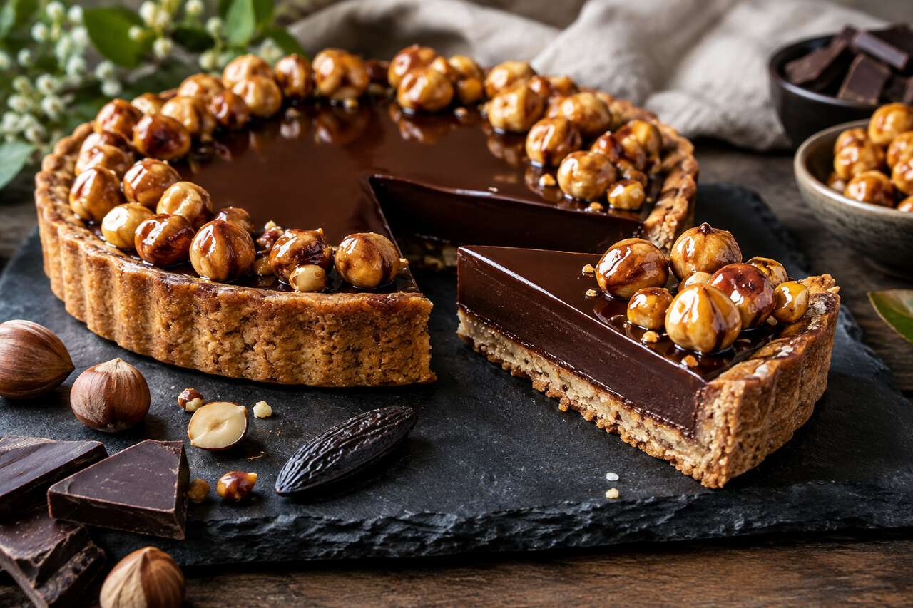 Recette de tarte au chocolat, fève tonka et noisettes caramélisées