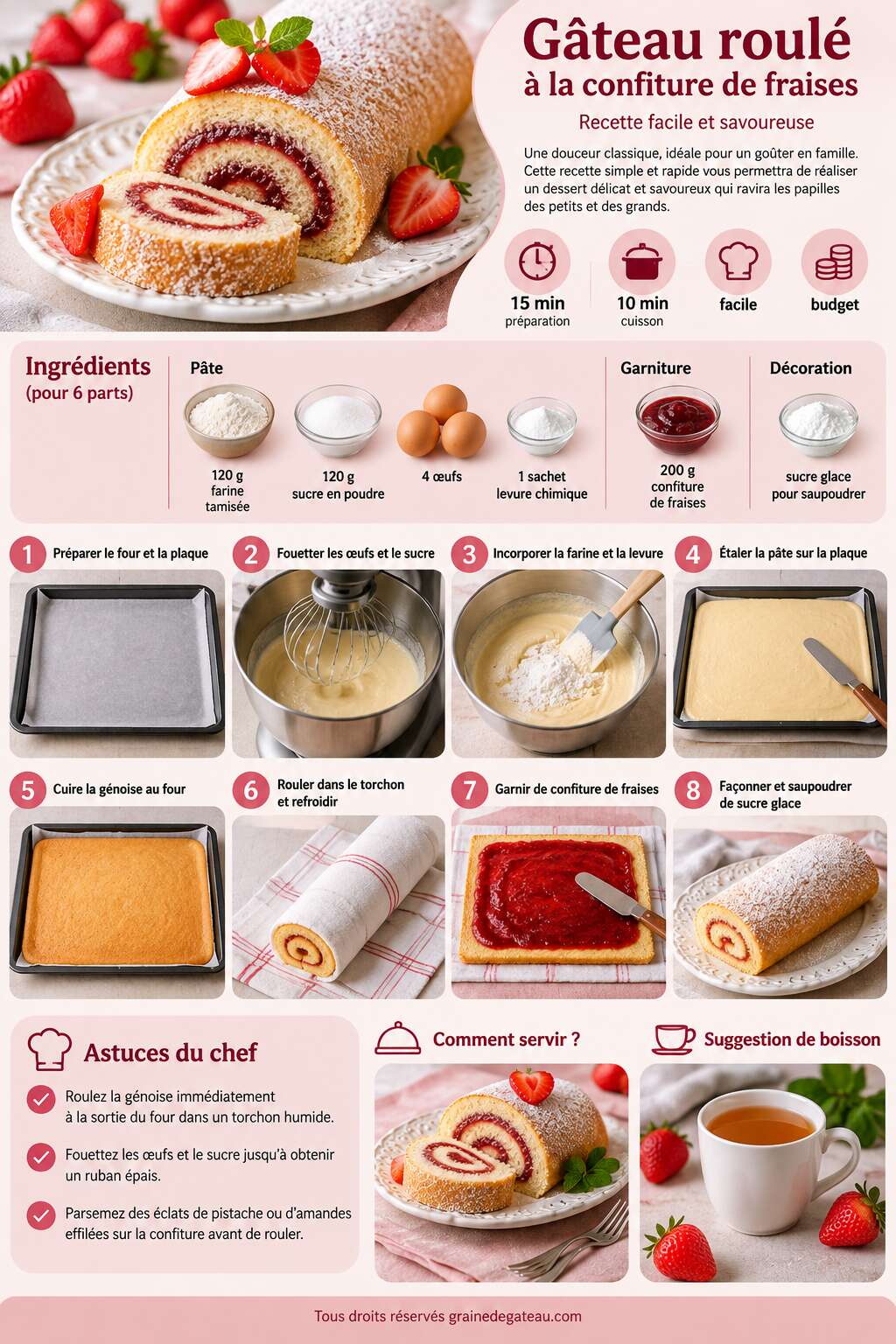 Fiche recette Gâteau roulé à la confiture de fraises : recette facile et savoureuse Fiche recette Gâteau roulé à la confiture de fraises : recette facile et savoureuse