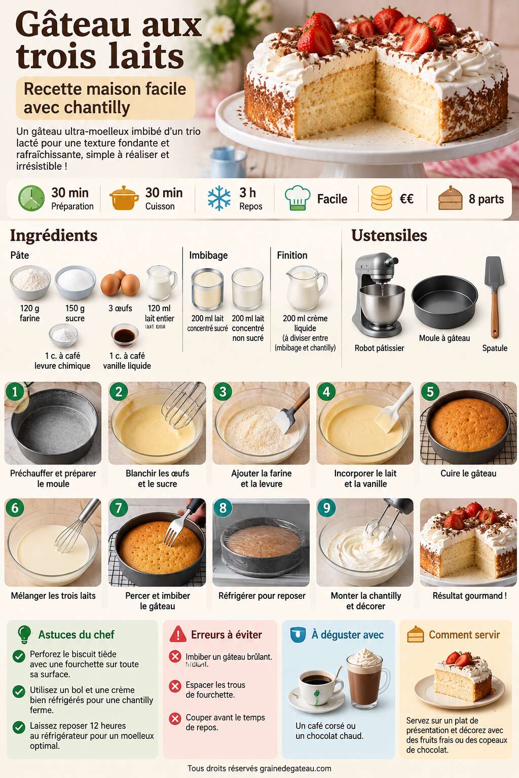 Fiche recette Gâteau aux trois laits : recette maison facile avec chantilly Fiche recette Gâteau aux trois laits : recette maison facile avec chantilly