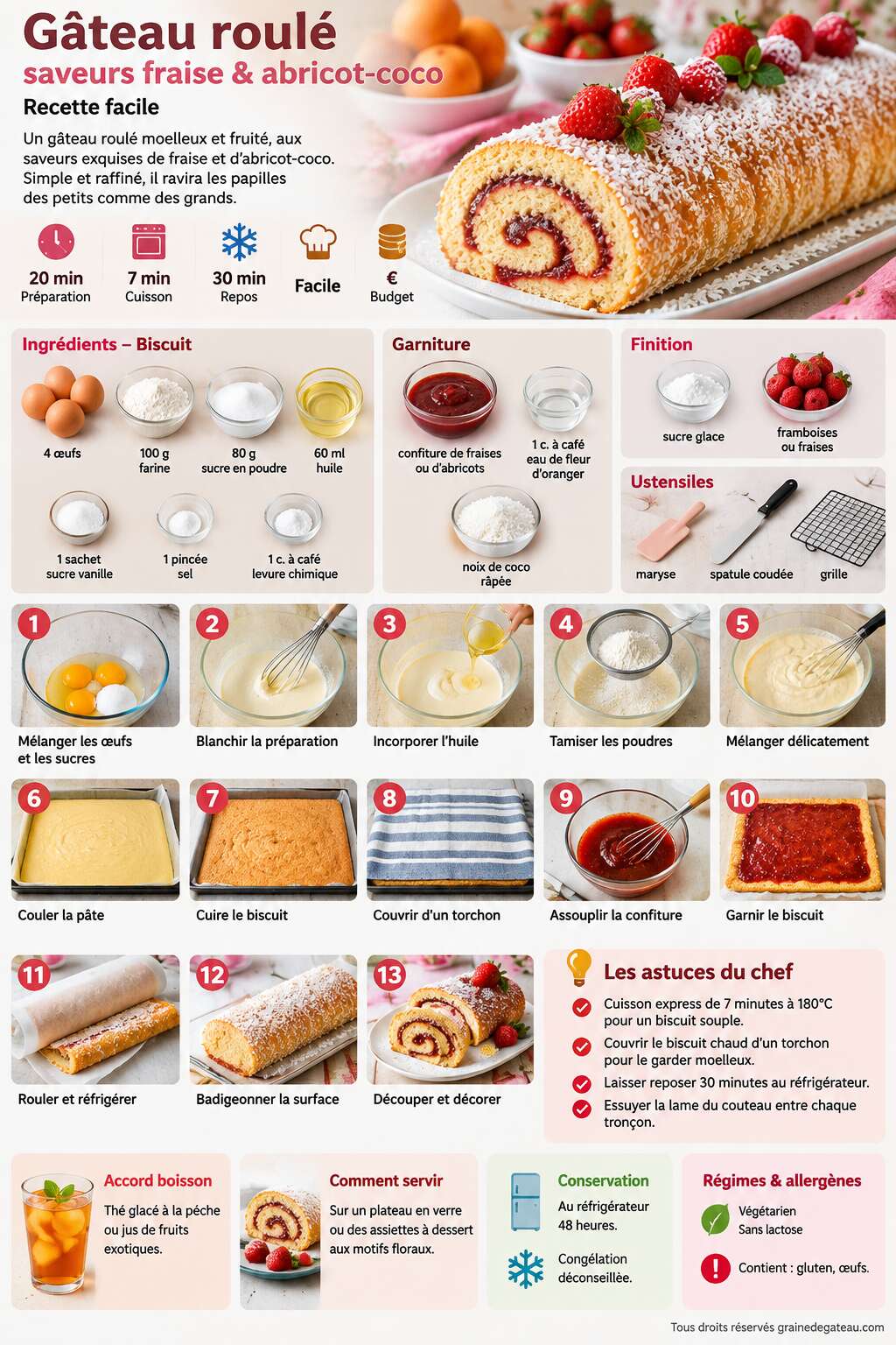 Fiche recette Gâteau roulé saveurs fraise & abricot-coco : recette facile Fiche recette Gâteau roulé saveurs fraise & abricot-coco : recette facile