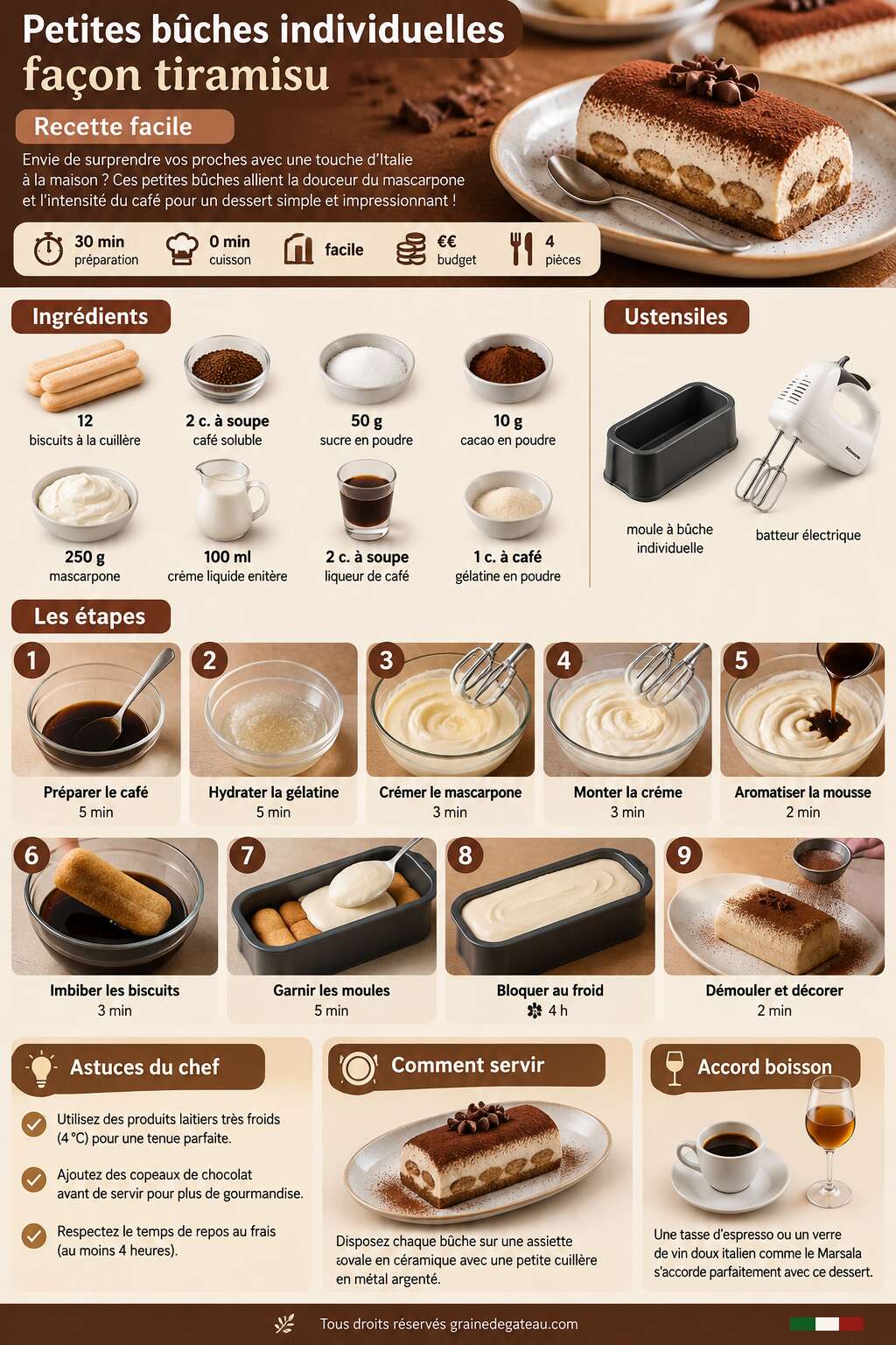 Fiche recette Petites bûches individuelles façon tiramisu : recette facile Fiche recette Petites bûches individuelles façon tiramisu : recette facile