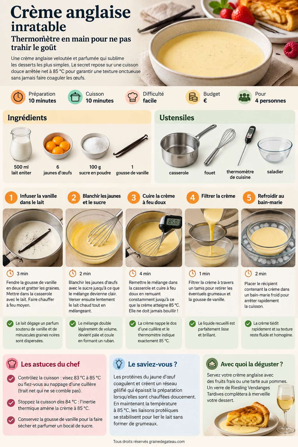 Fiche recette Crème anglaise inratable : thermomètre en main pour ne pas trahir le goût Fiche recette Crème anglaise inratable : thermomètre en main pour ne pas trahir le goût
