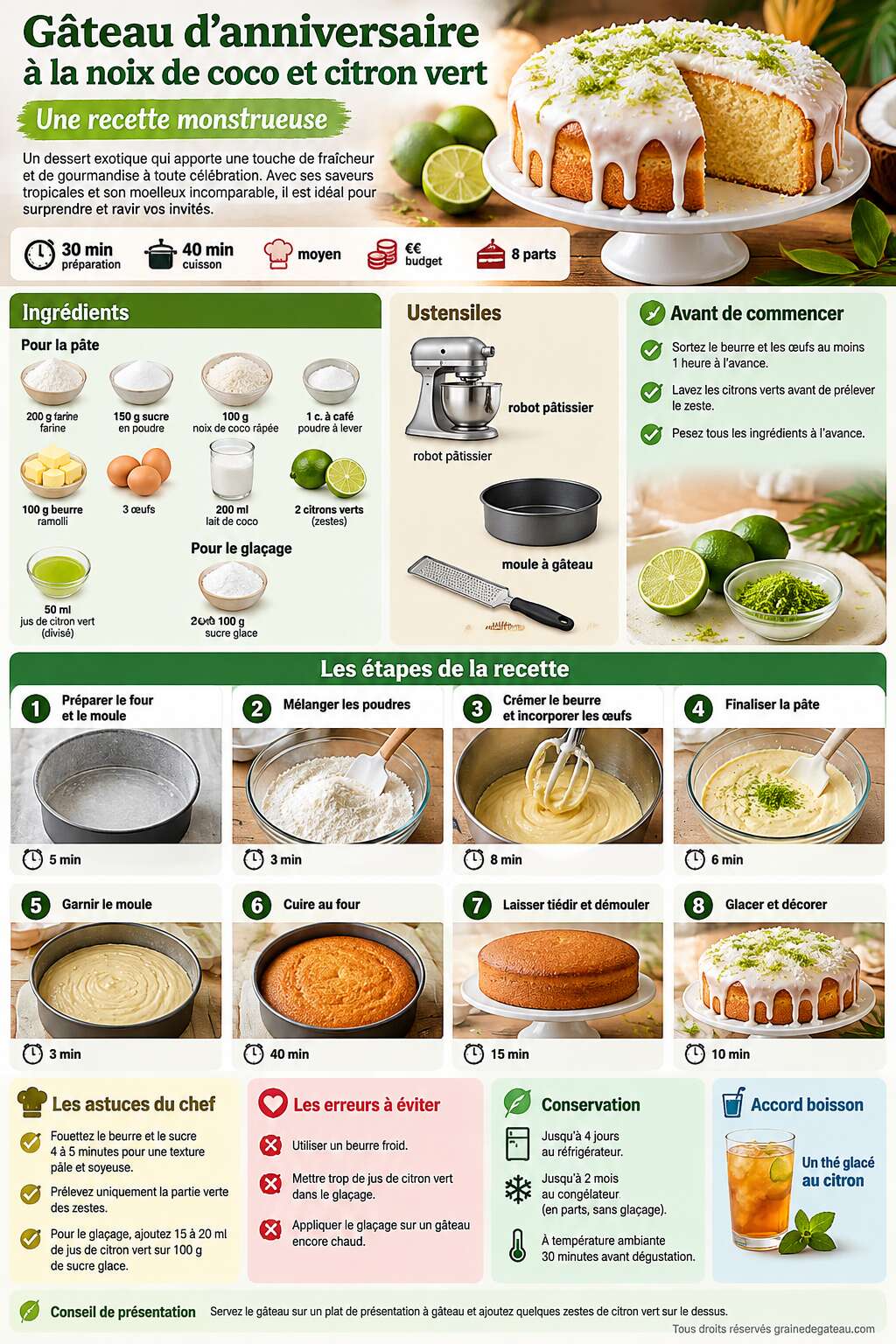 Fiche recette Gâteau d'anniversaire à la noix de coco et citron vert : une recette monstrueuse Fiche recette Gâteau d'anniversaire à la noix de coco et citron vert : une recette monstrueuse
