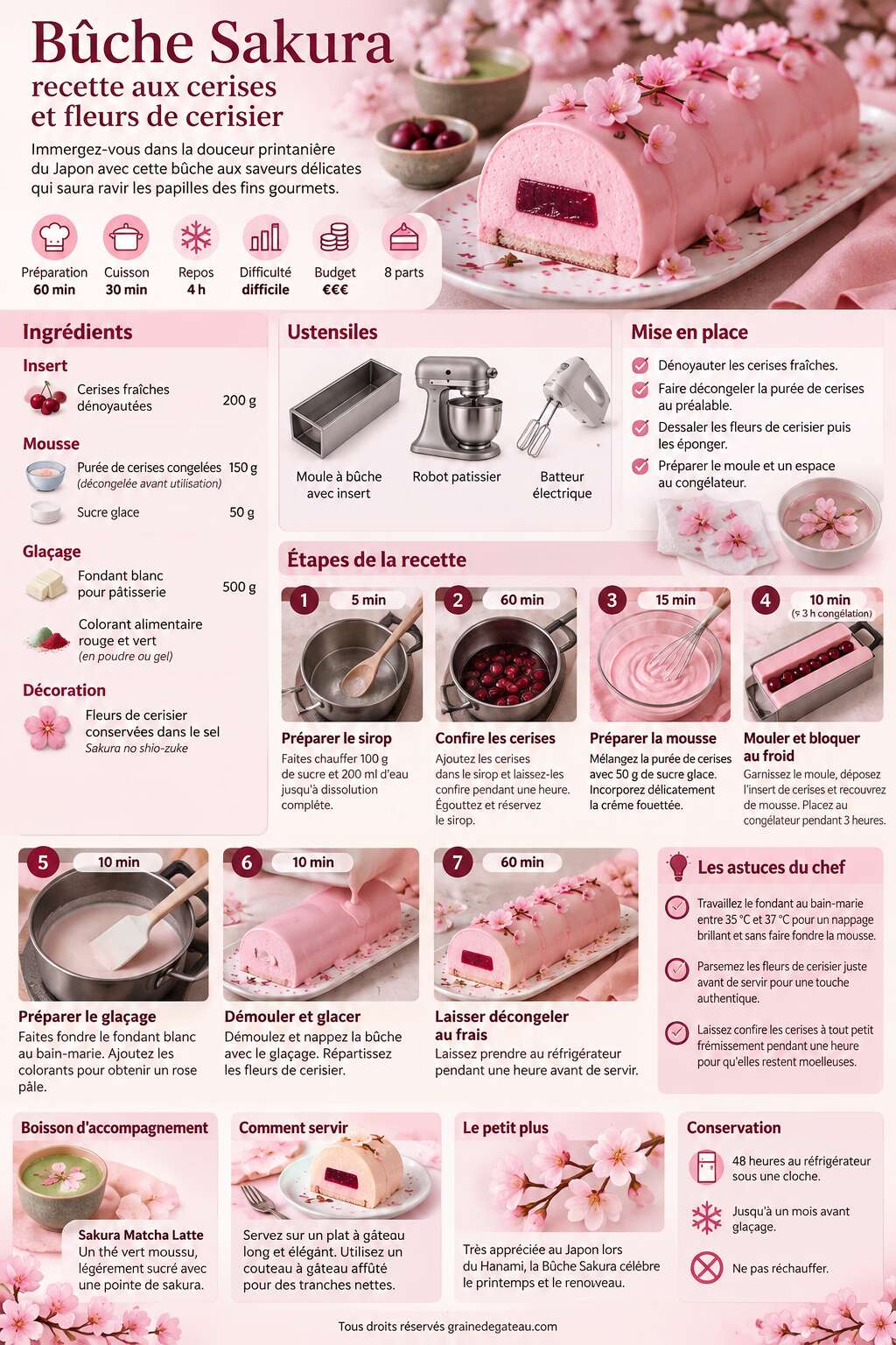 Fiche recette B&ucirc;che Sakura : recette aux cerises et fleurs de cerisier