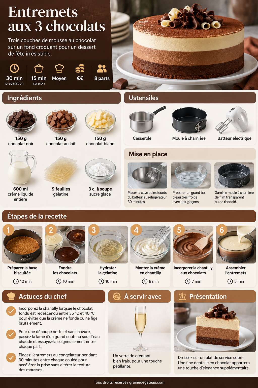 Fiche recette Recette d'entremets aux 3 chocolats
