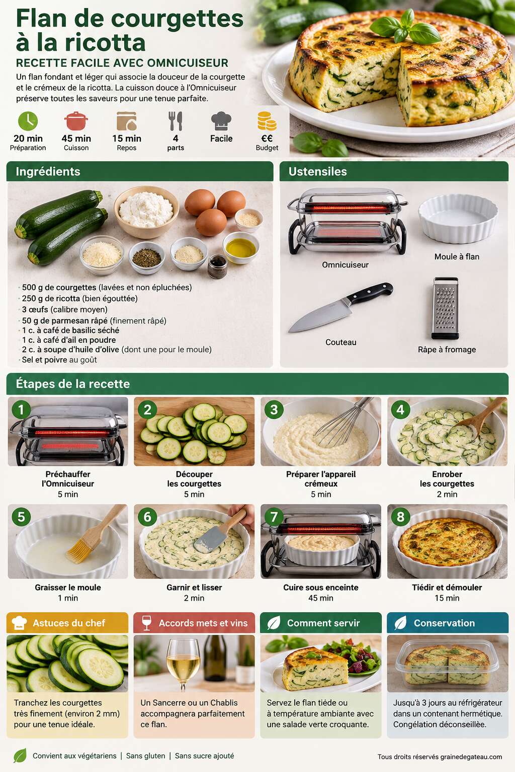 Fiche recette Flan de courgettes à la ricotta : recette facile avec Omnicuiseur Fiche recette Flan de courgettes à la ricotta : recette facile avec Omnicuiseur