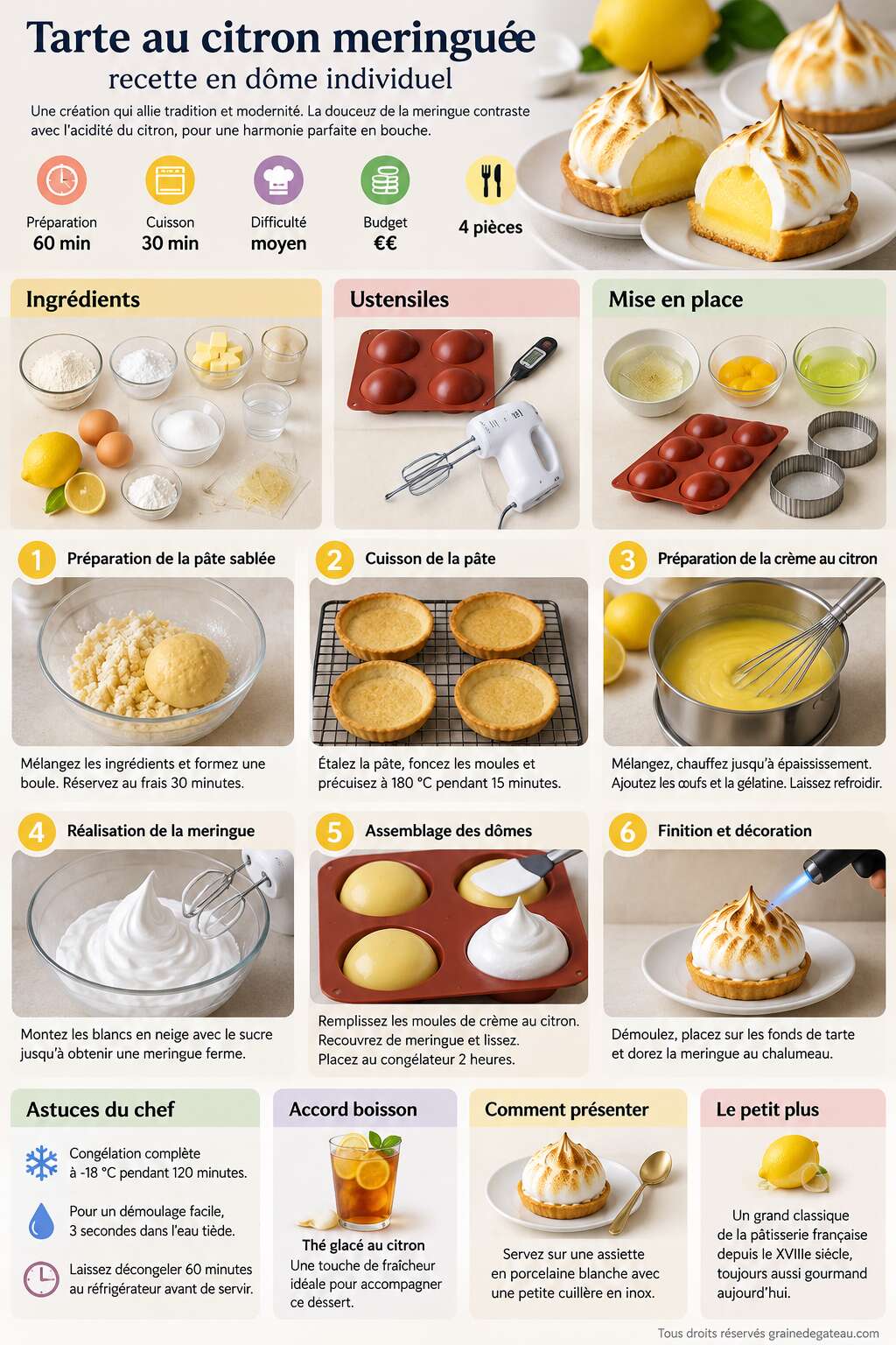 Fiche recette Tarte au citron meringuée : recette en dôme individuel Fiche recette Tarte au citron meringuée : recette en dôme individuel