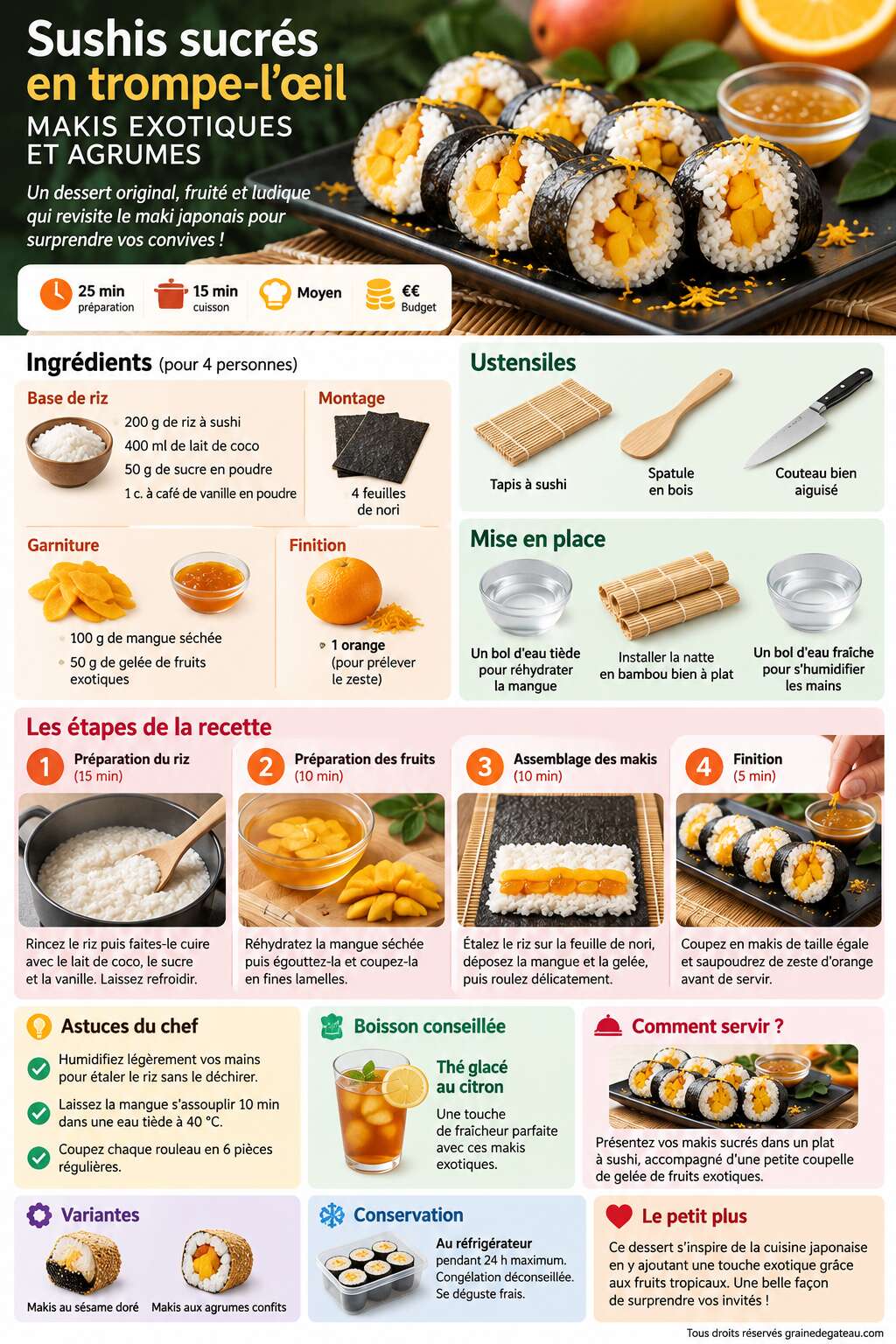 Fiche recette Sushis sucrés en trompe-l'œil : makis exotiques et agrumes Fiche recette Sushis sucrés en trompe-l'œil : makis exotiques et agrumes