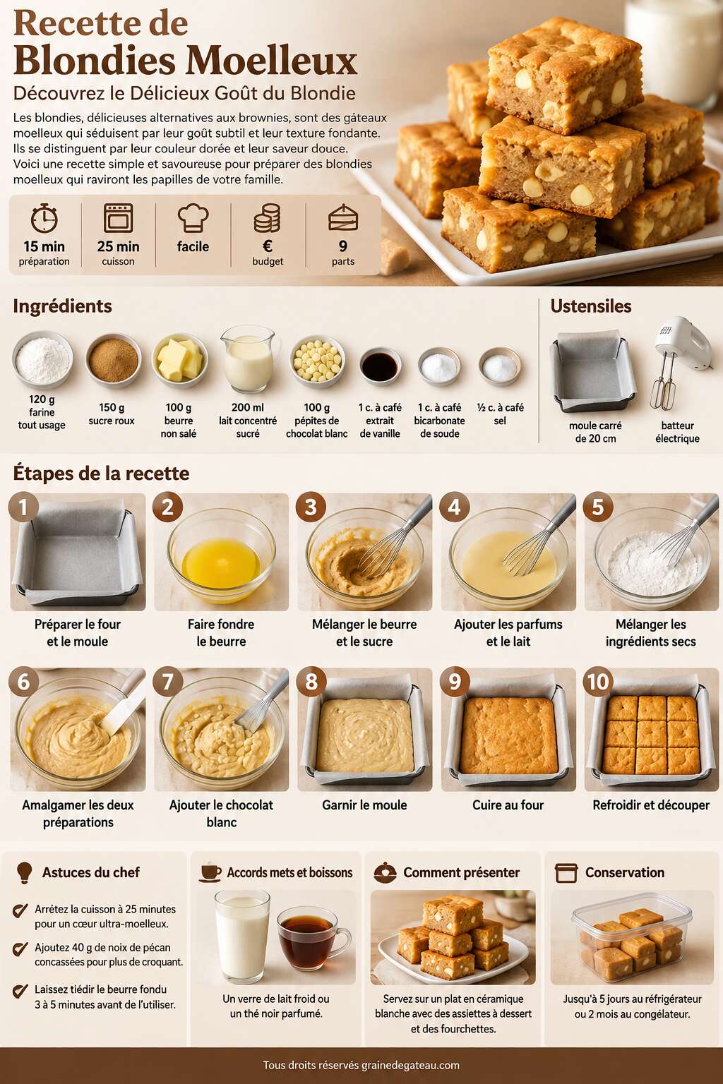 Fiche recette Recette de Blondies Moelleux : d&eacute;couvrez le D&eacute;licieux Go&ucirc;t du Blondie