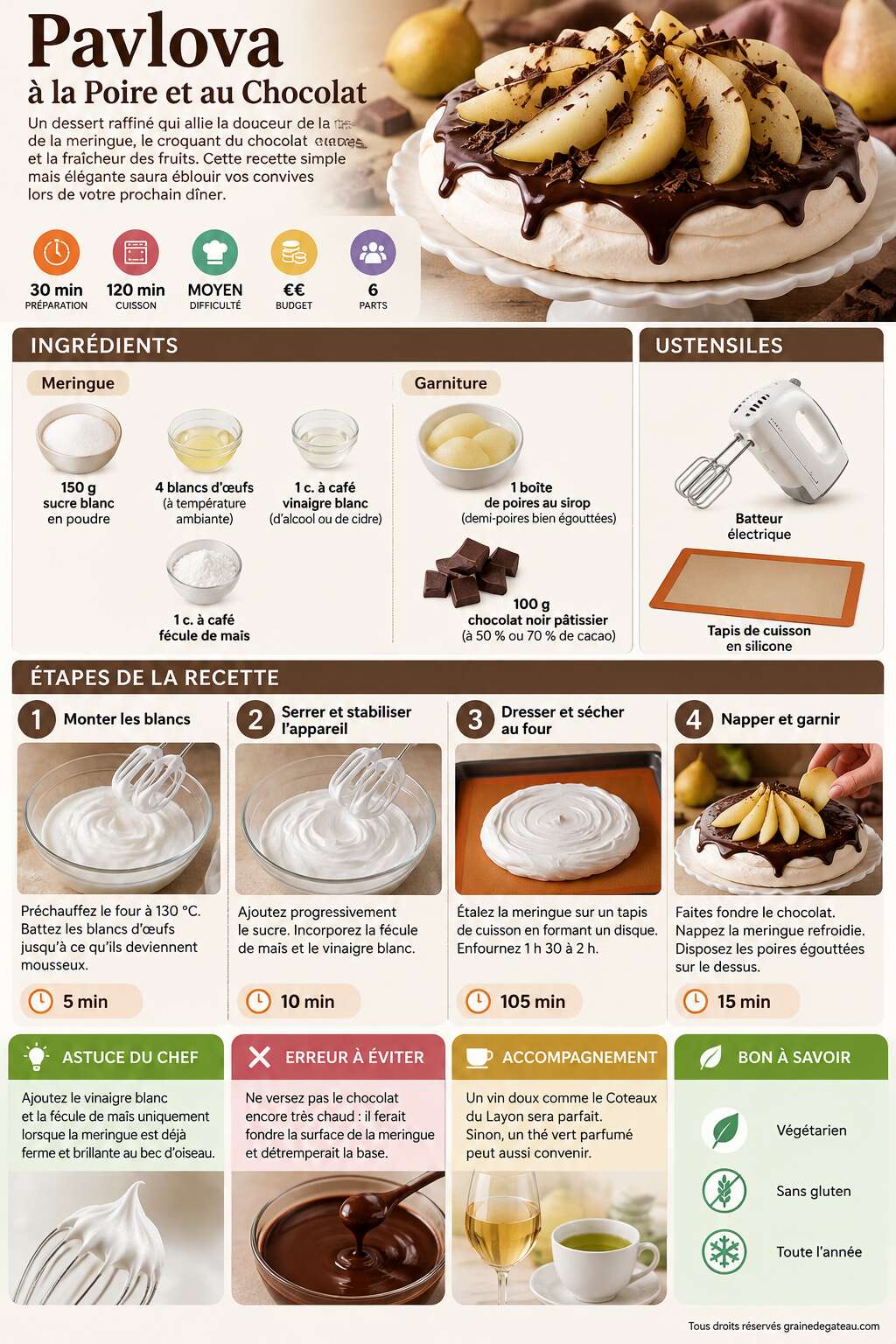 Fiche recette Recette de Pavlova à la Poire et au Chocolat Fiche recette Recette de Pavlova à la Poire et au Chocolat