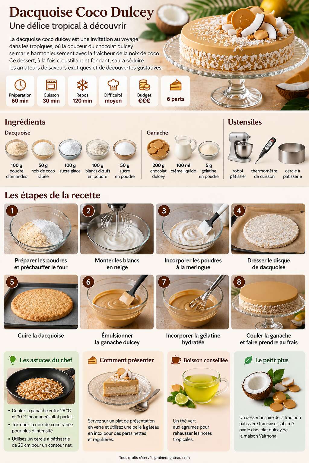 Fiche recette Dacquoise Coco Dulcey : une délice tropical à découvrir Fiche recette Dacquoise Coco Dulcey : une délice tropical à découvrir