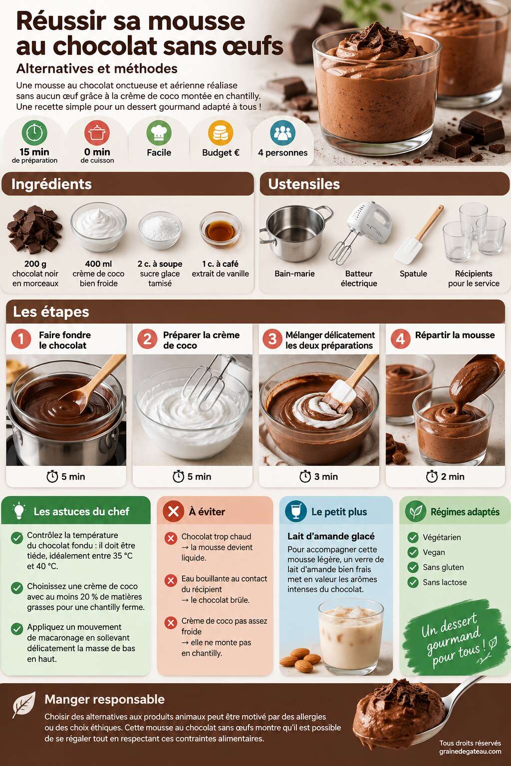 Fiche recette Réussir sa mousse au chocolat sans oeufs : alternatives et méthodes Fiche recette Réussir sa mousse au chocolat sans oeufs : alternatives et méthodes