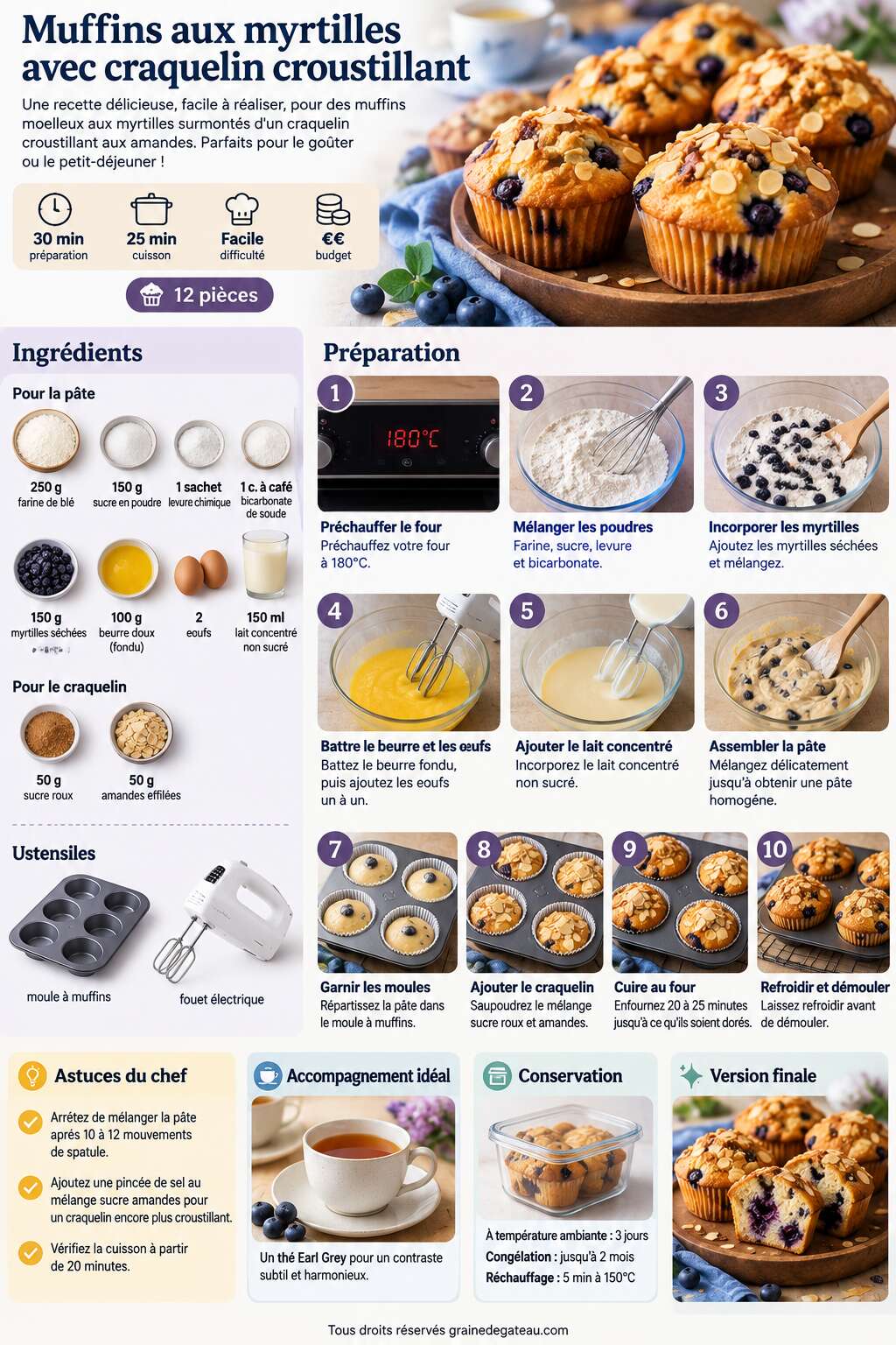 Fiche recette Muffins aux myrtilles avec craquelin croustillant : recette délicieuse Fiche recette Muffins aux myrtilles avec craquelin croustillant : recette délicieuse