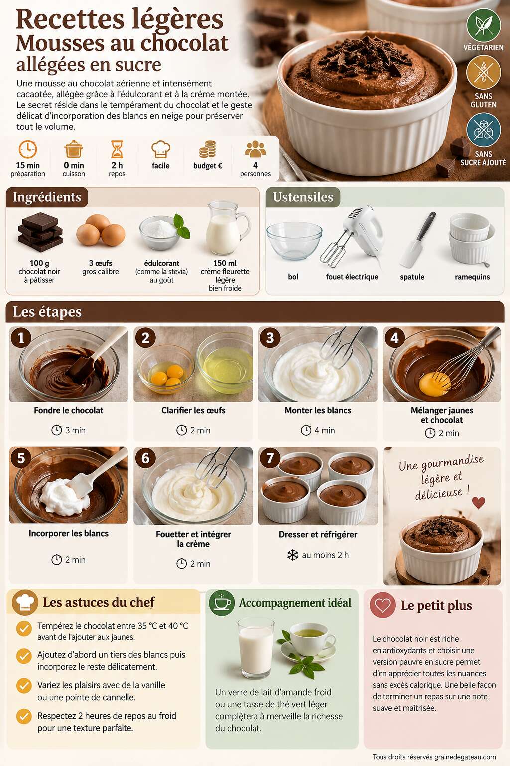 Fiche recette Recettes légères : mousses au chocolat allégées en sucre Fiche recette Recettes légères : mousses au chocolat allégées en sucre