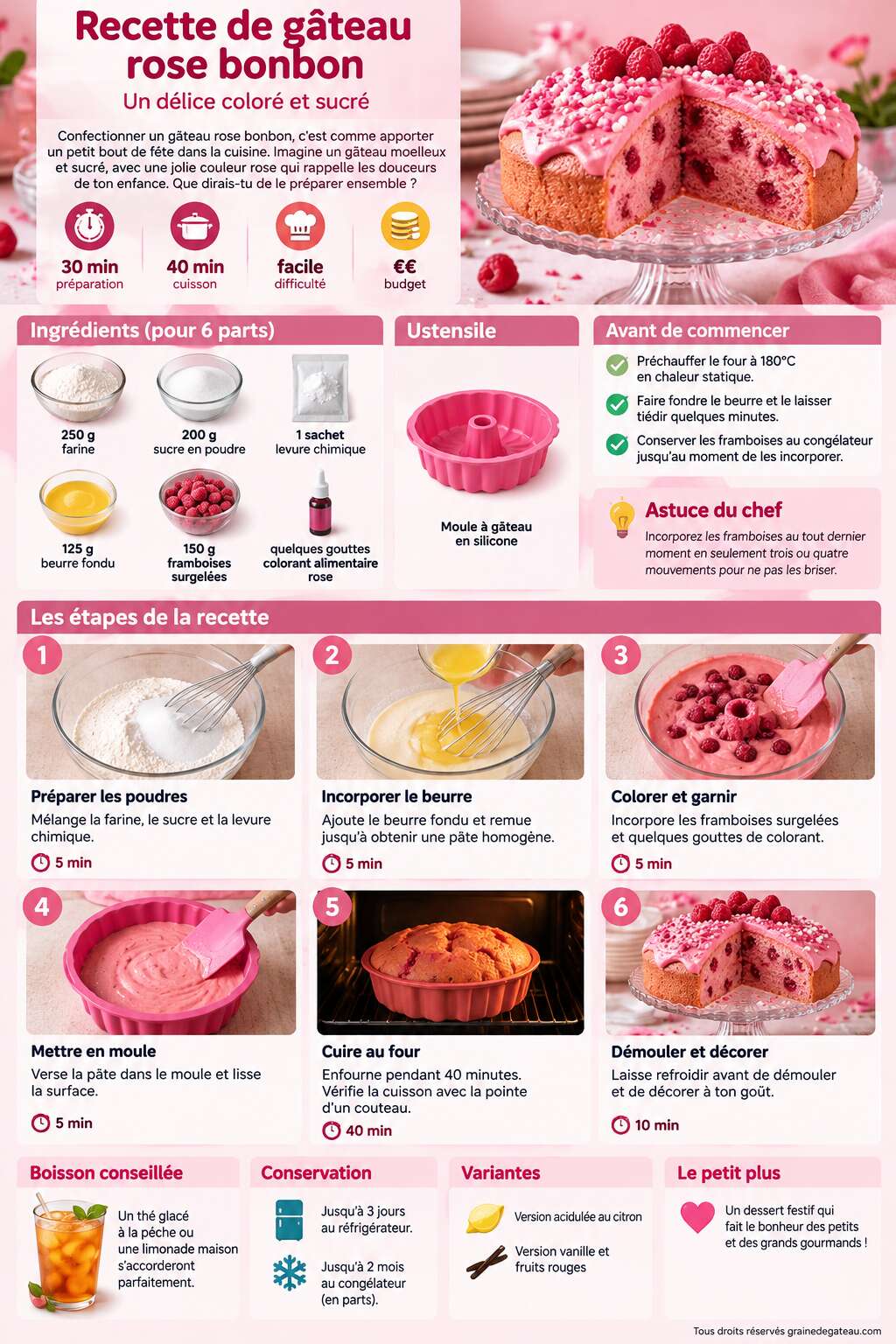 Fiche recette Recette de gâteau rose bonbon : un délice coloré et sucré Fiche recette Recette de gâteau rose bonbon : un délice coloré et sucré