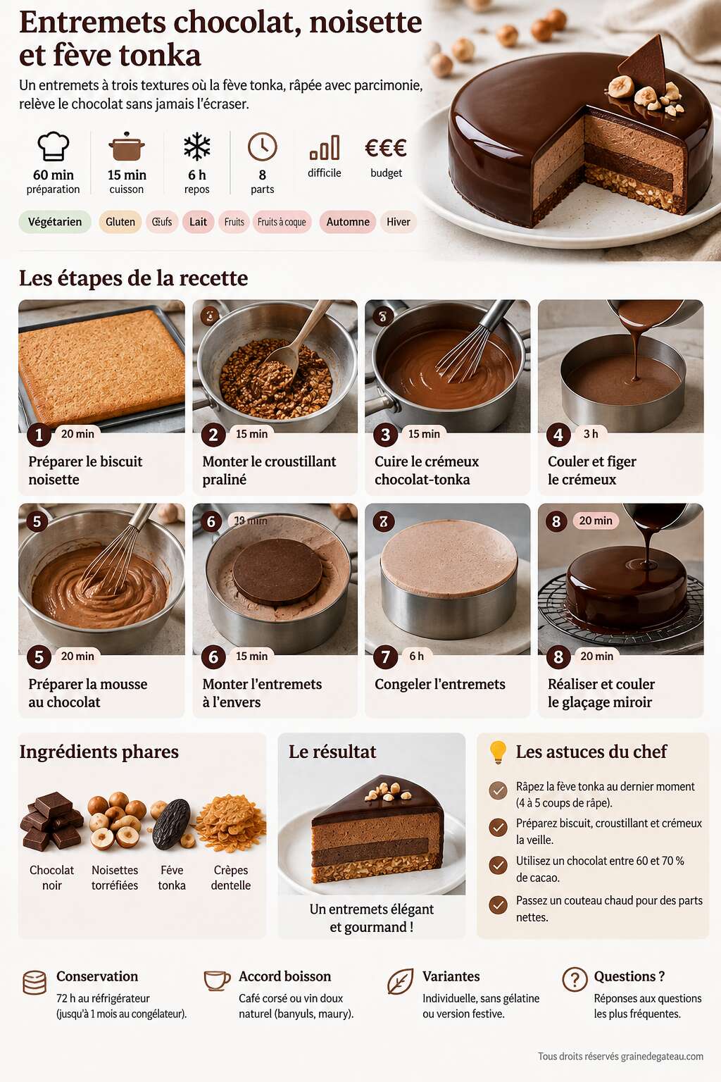Fiche recette Recette d'entremets chocolat, noisette et fève tonka Fiche recette Recette d'entremets chocolat, noisette et fève tonka