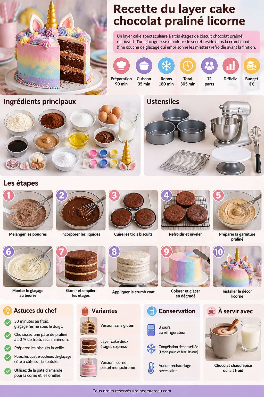 Fiche recette Recette du layer cake chocolat pralin&eacute; licorne