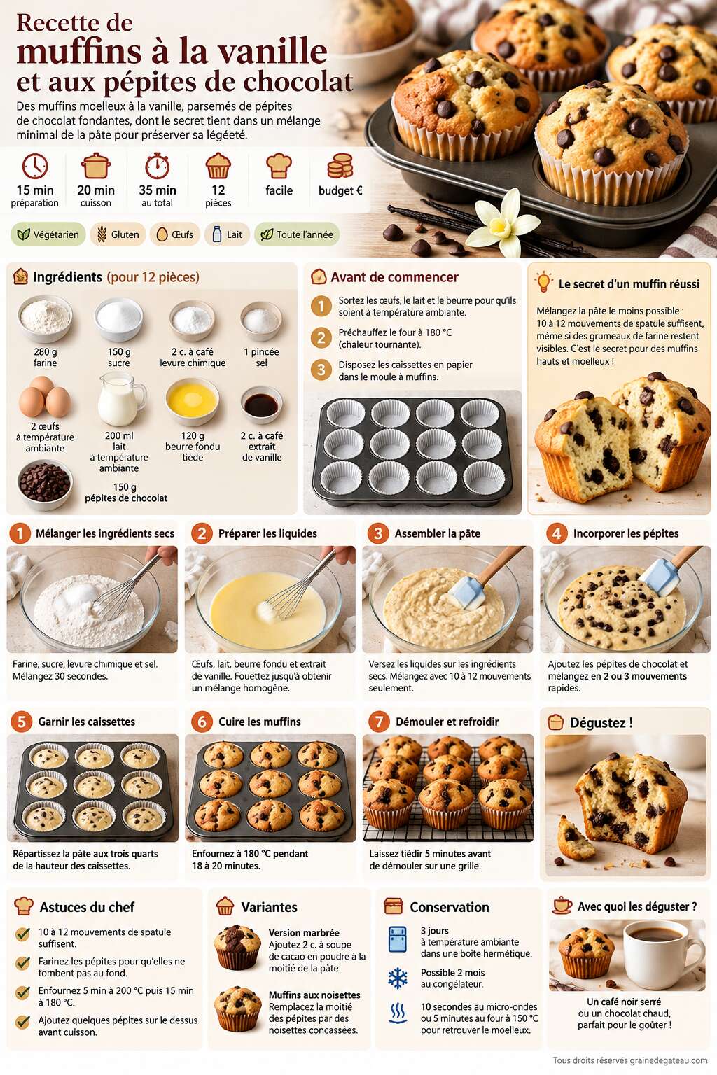 Fiche recette Recette de muffins à la vanille et aux pépites de chocolat Fiche recette Recette de muffins à la vanille et aux pépites de chocolat