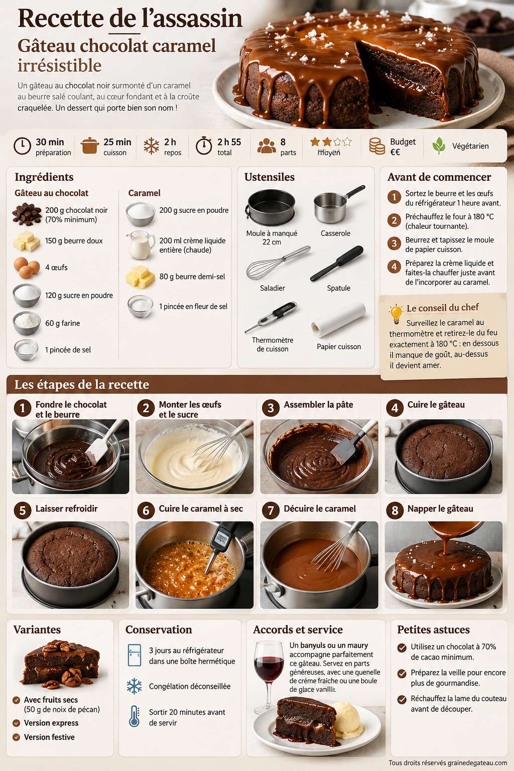 Fiche recette Recette de l'assassin : gâteau chocolat caramel irrésistible Fiche recette Recette de l'assassin : gâteau chocolat caramel irrésistible