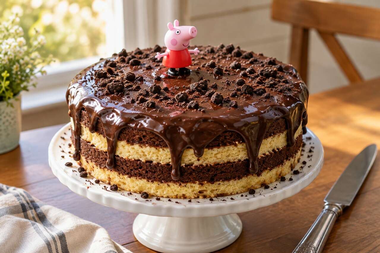 Layer cake chocolat-vanille Peppa Pig : recette du gâteau bain de boue