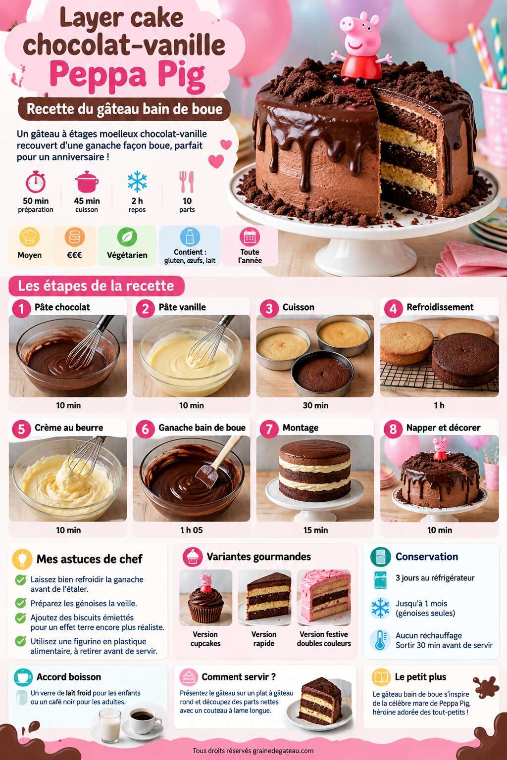 Fiche recette Layer cake chocolat-vanille Peppa Pig : recette du gâteau bain de boue Fiche recette Layer cake chocolat-vanille Peppa Pig : recette du gâteau bain de boue
