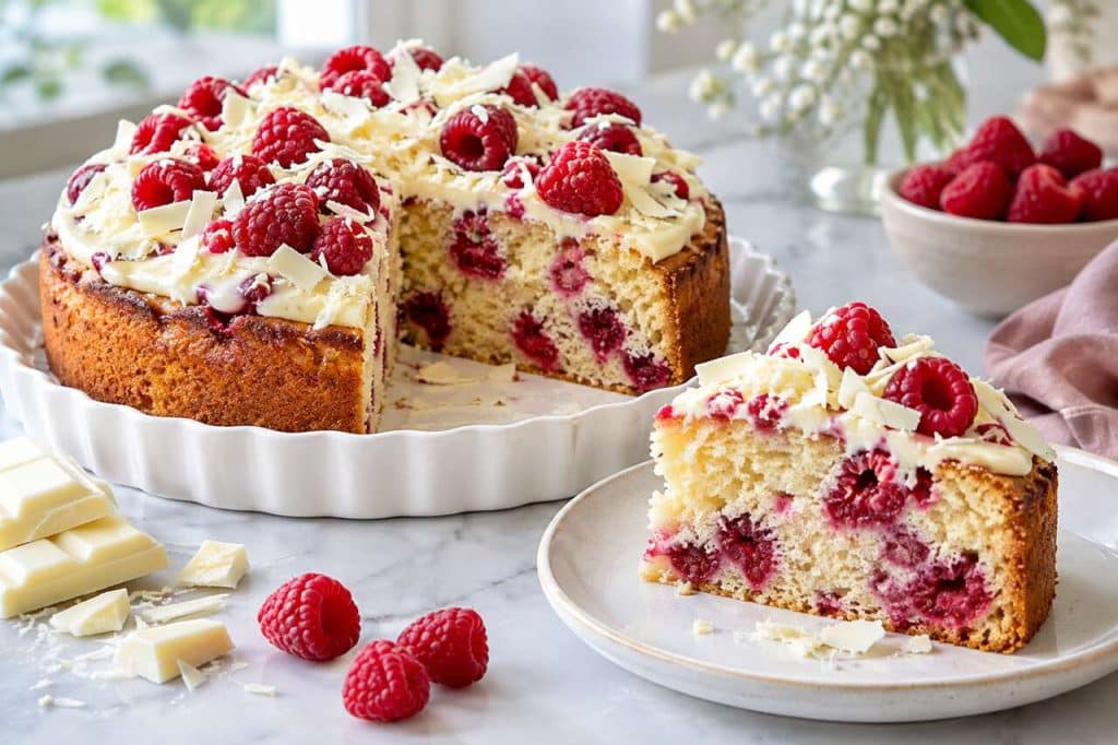 Recette du gâteau moelleux au chocolat blanc et à la framboise