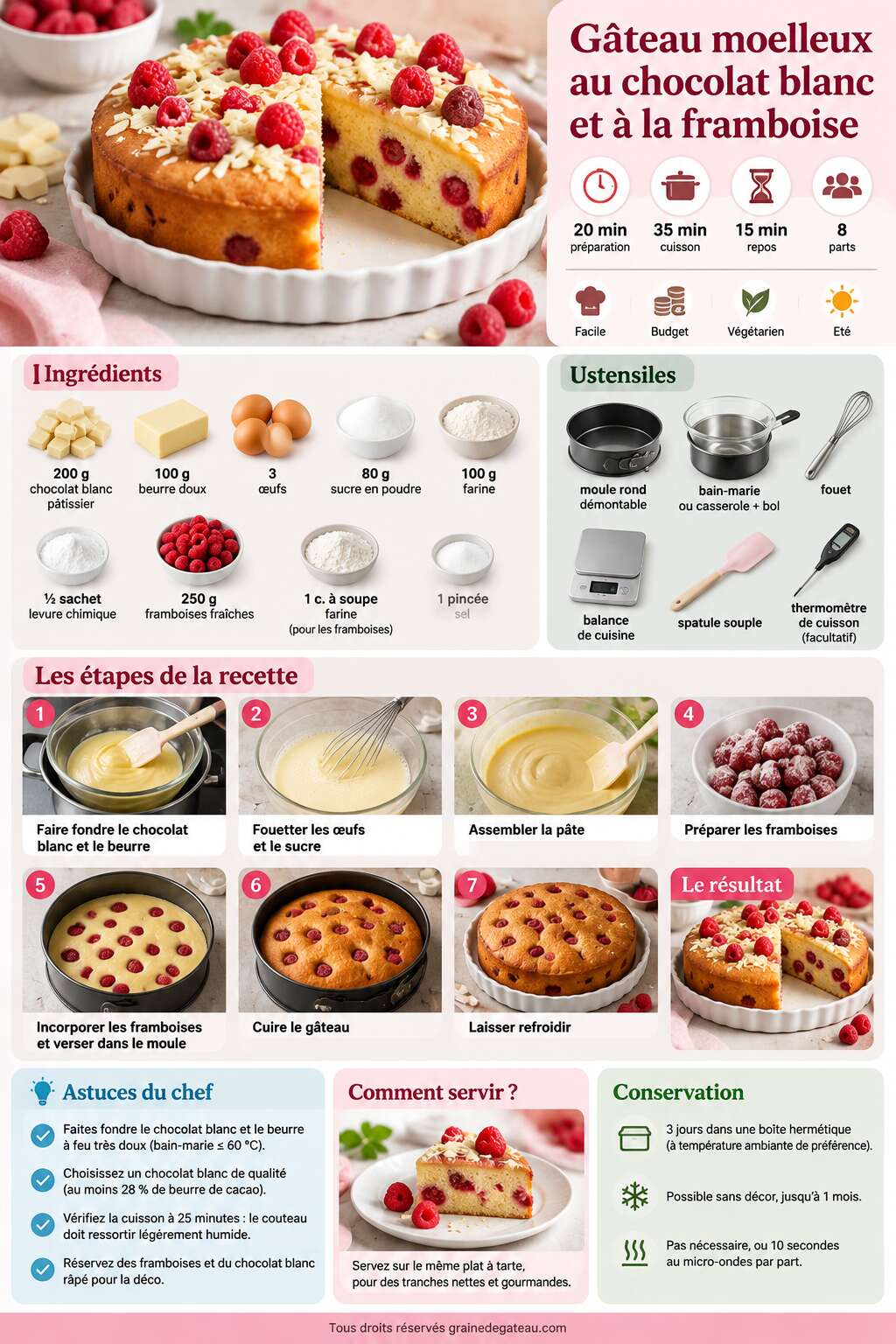 Fiche recette Recette du gâteau moelleux au chocolat blanc et à la framboise Fiche recette Recette du gâteau moelleux au chocolat blanc et à la framboise