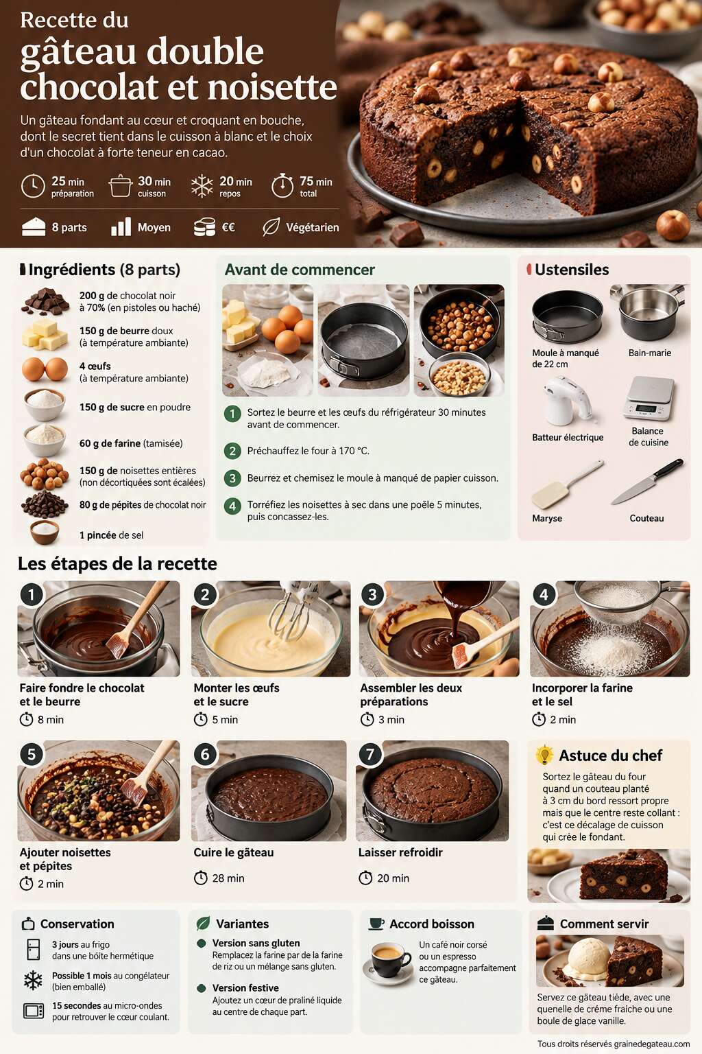 Fiche recette Recette du g&acirc;teau double chocolat et noisette