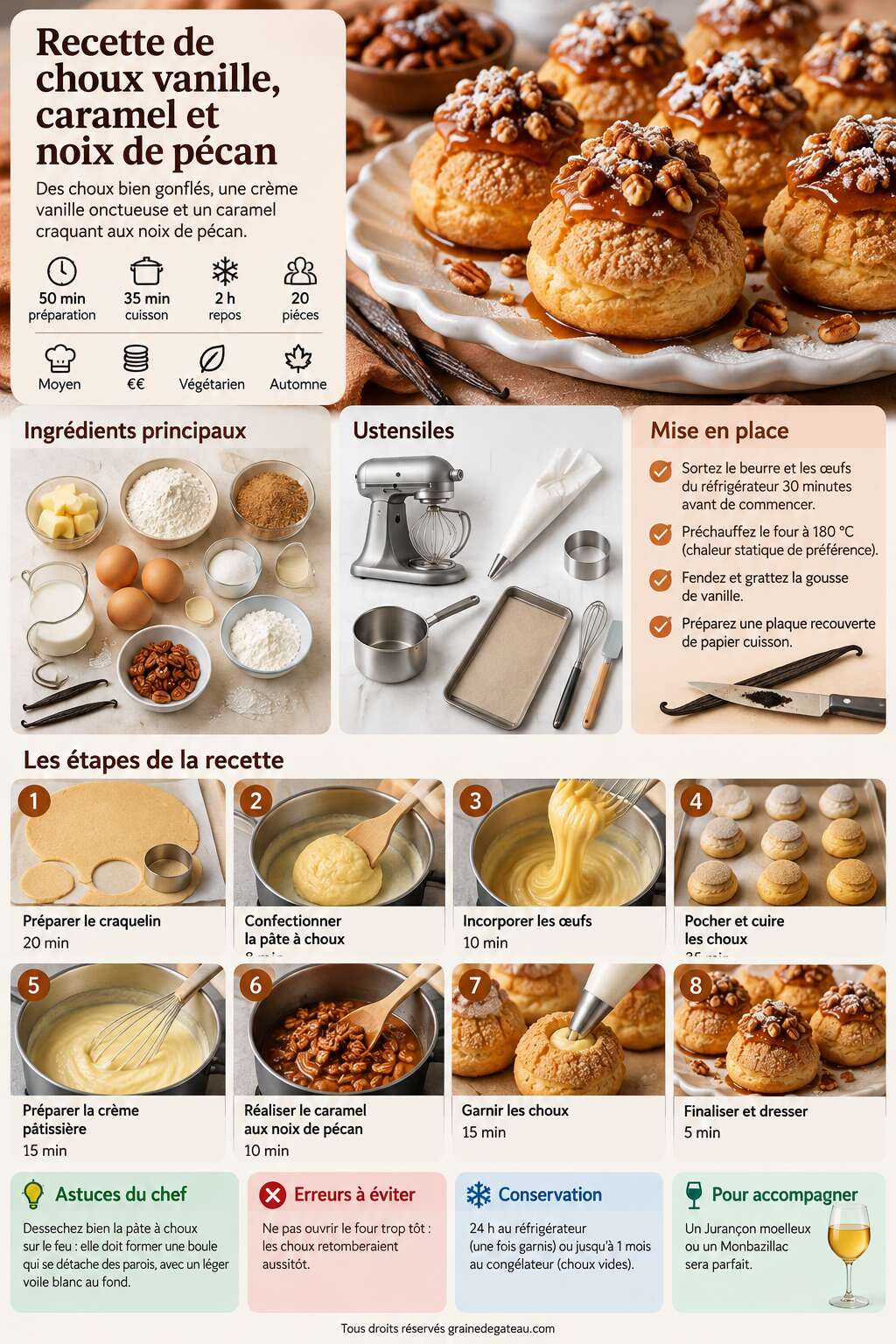 Fiche recette Recette de choux vanille, caramel et noix de pécan Fiche recette Recette de choux vanille, caramel et noix de pécan